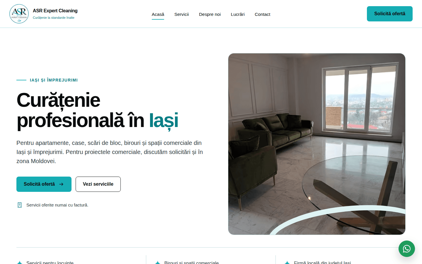Pagina principală ASR Expert Cleaning, cu mesaj despre curățenie profesională în Iași