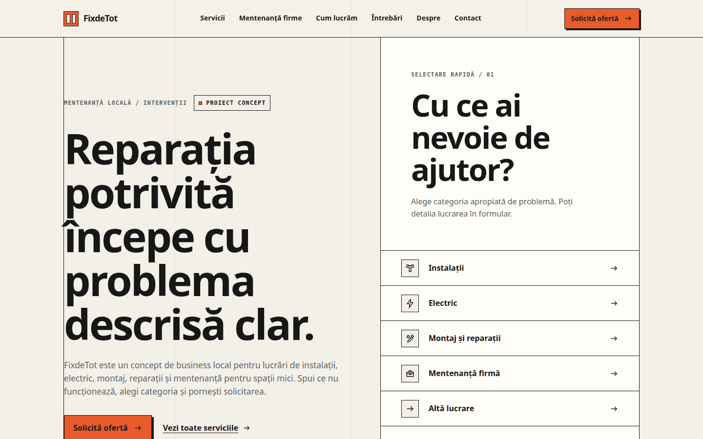 Pagina principală FixdeTot, cu titlul Reparația potrivită începe cu problema descrisă clar